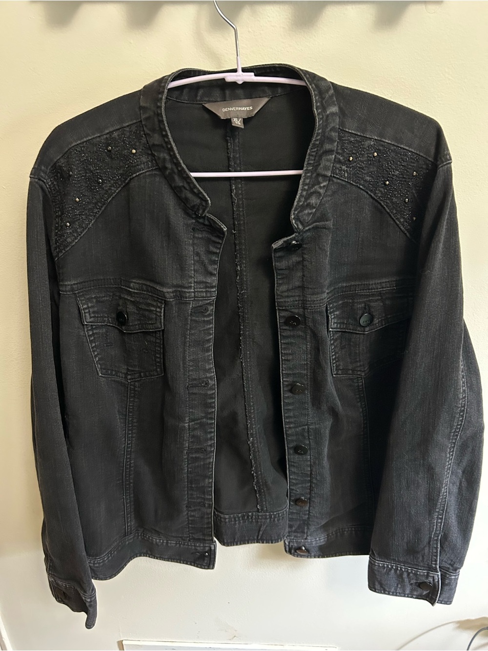 Denver Hayes Black Washed Denim Jacket with Studded Shoulder Yoke